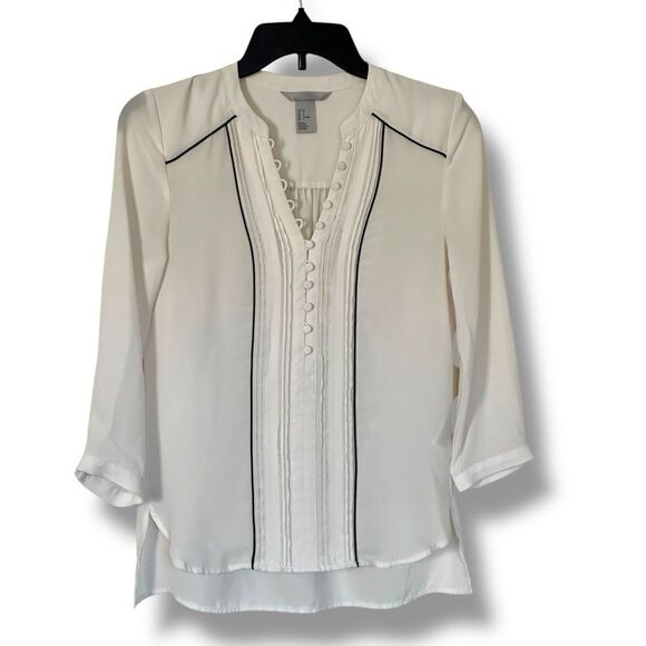 H&M Semi Sheer White Chiffon Popover Top 3/4 Sleeve Size 4 Black Trim Minimalist - Picture 1 of 8